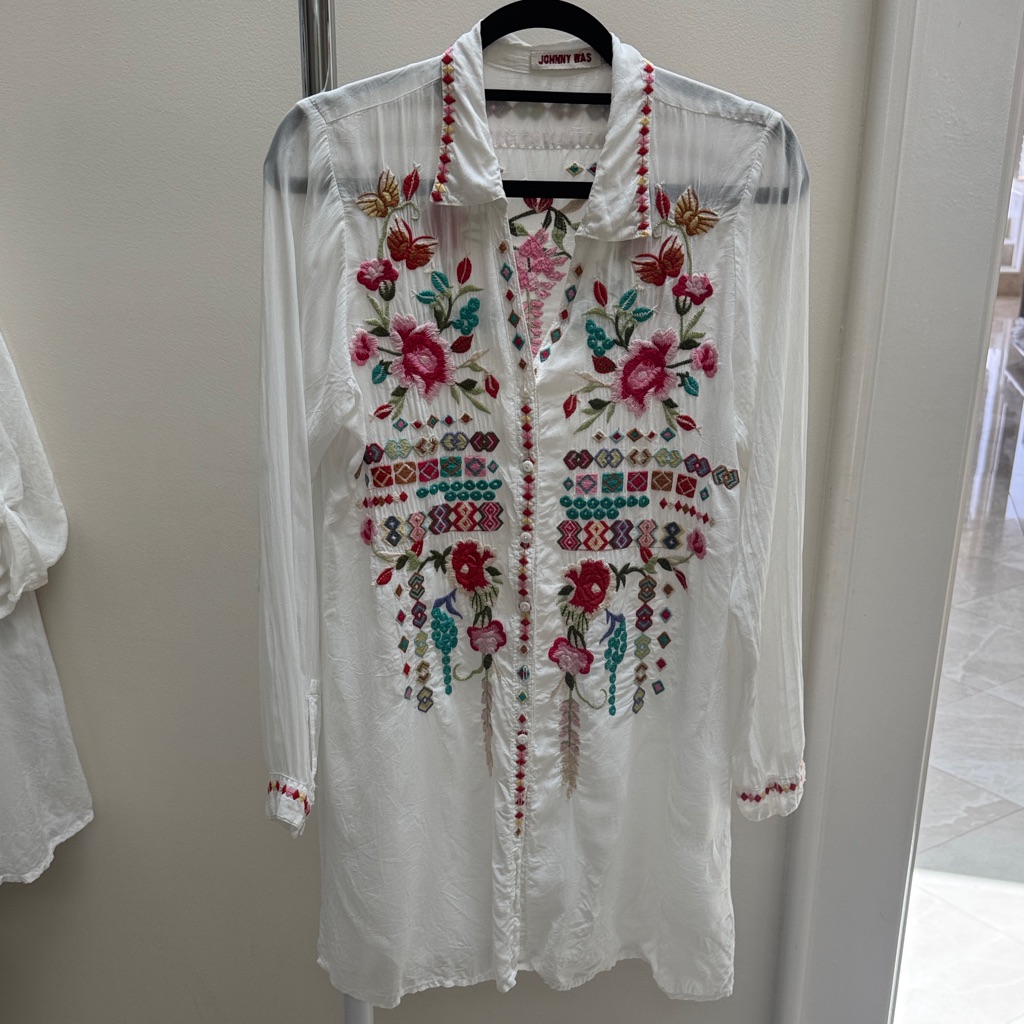 Johnny Was Floral Embroidered White Shirt